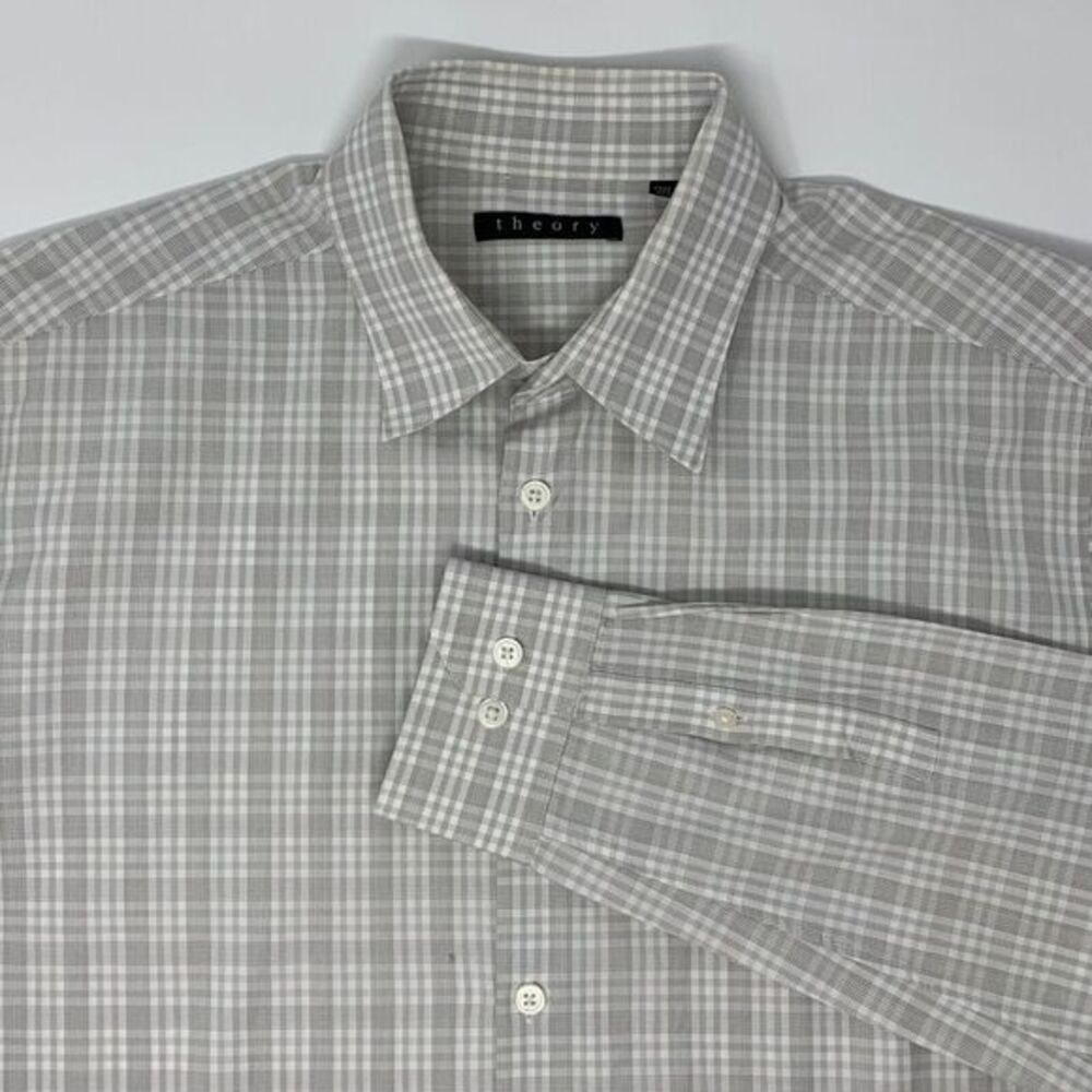 Theory Men's Shirt Beige Plaid Light Weight Size Large Neck‎ 16 Sleeve 34/35